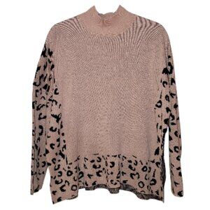 Mock Neck Leopard Print Pullover Sweater Womens Small Boho Animal Print